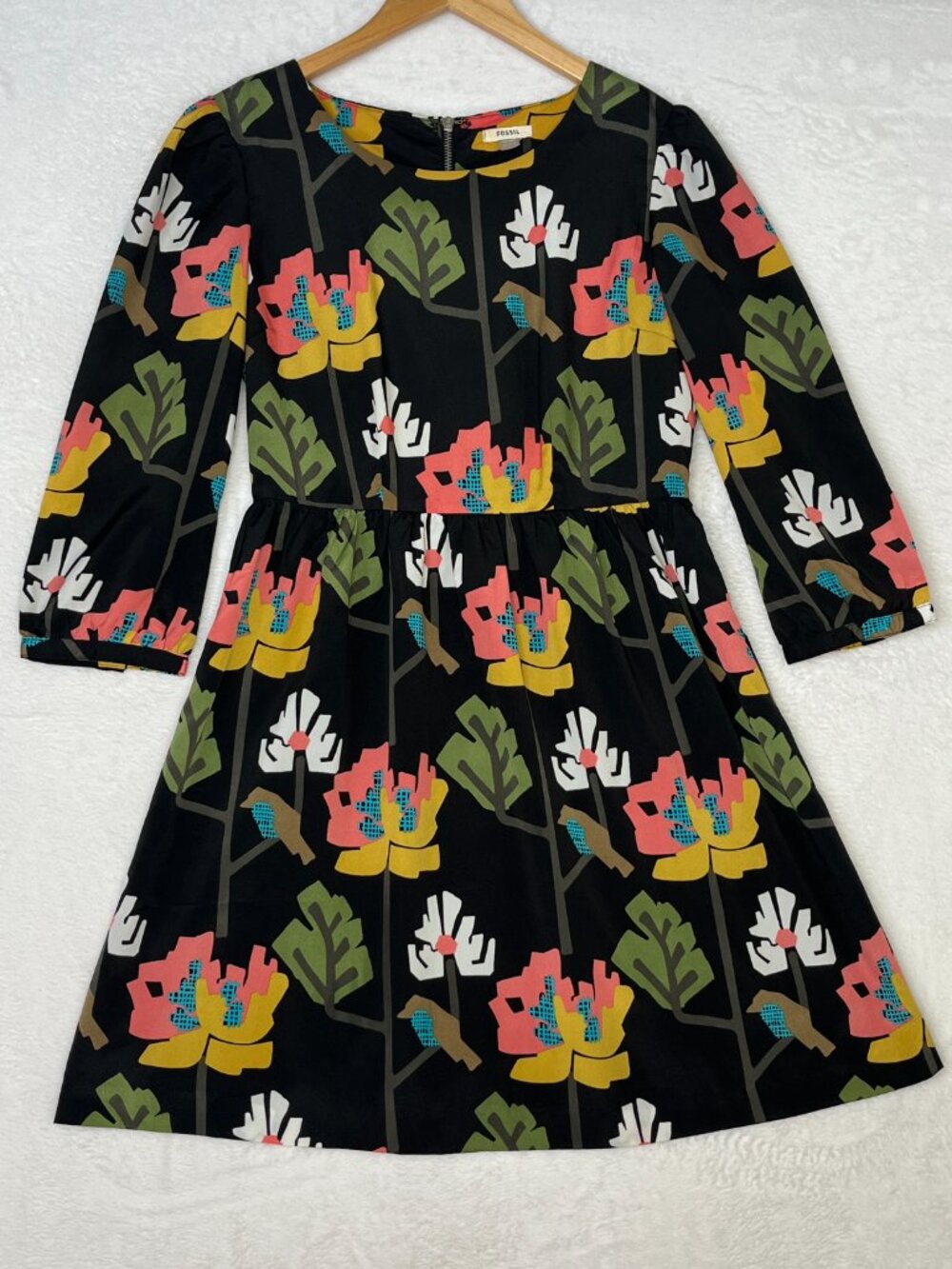 Fossil Geo Abstract Floral Print Black 3/4 Sleeve Dress sz S Work Indie Artsy